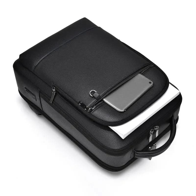 Black Leather Backpack with USB Charging Port for 15.6-Inch Laptop