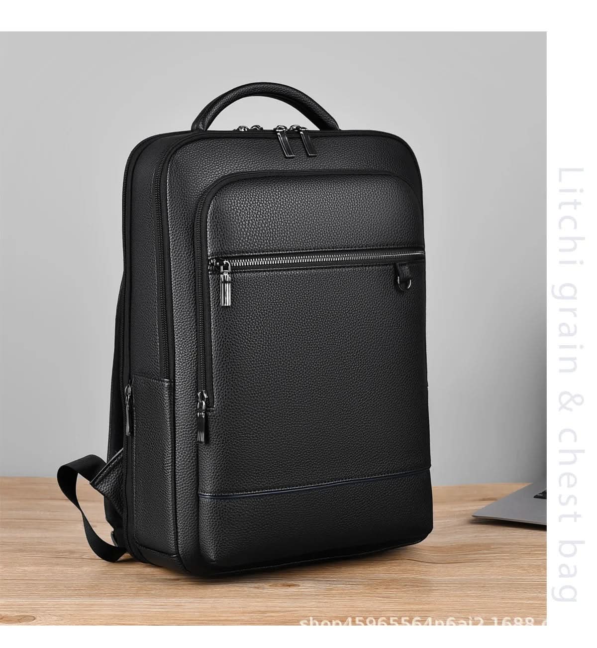 Black Leather Backpack with USB Charging Port for 15.6-Inch Laptop