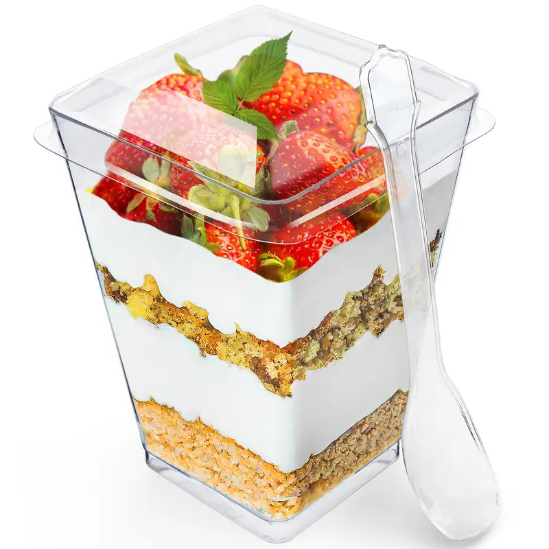 5oz Crystal Plastic Dessert Cups with Lids & Spoons - Disposable Square Parfait Cups for Mousse, Tiramisu, Pudding, Party