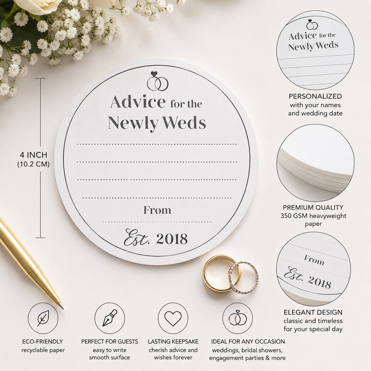 100 Advice for the Newlyweds Cards – 4" Round Wedding Guest Advice Cards