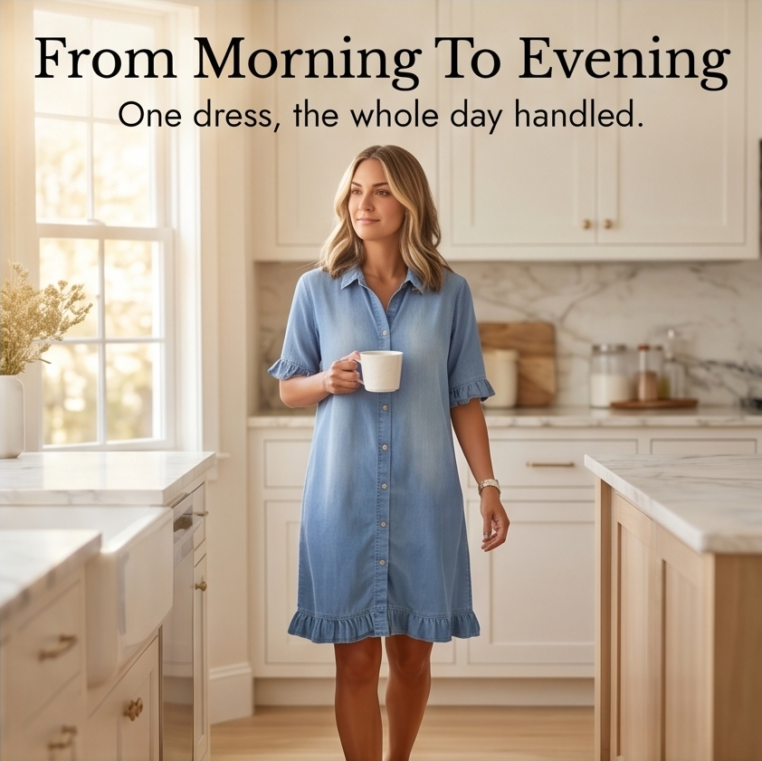Aveline™ - Soft Chambray Shirt Dress with Ruffle Hem