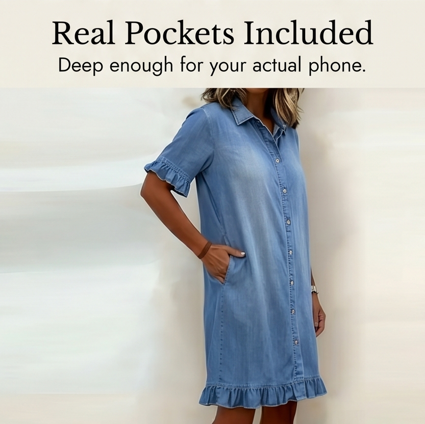 Aveline™ - Soft Chambray Shirt Dress with Ruffle Hem