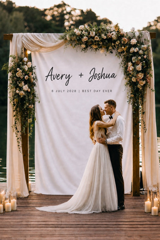 Custom wedding backdrop with handwritten-style names
