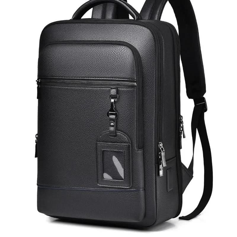 Black Leather Backpack with USB Charging Port for 15.6-Inch Laptop