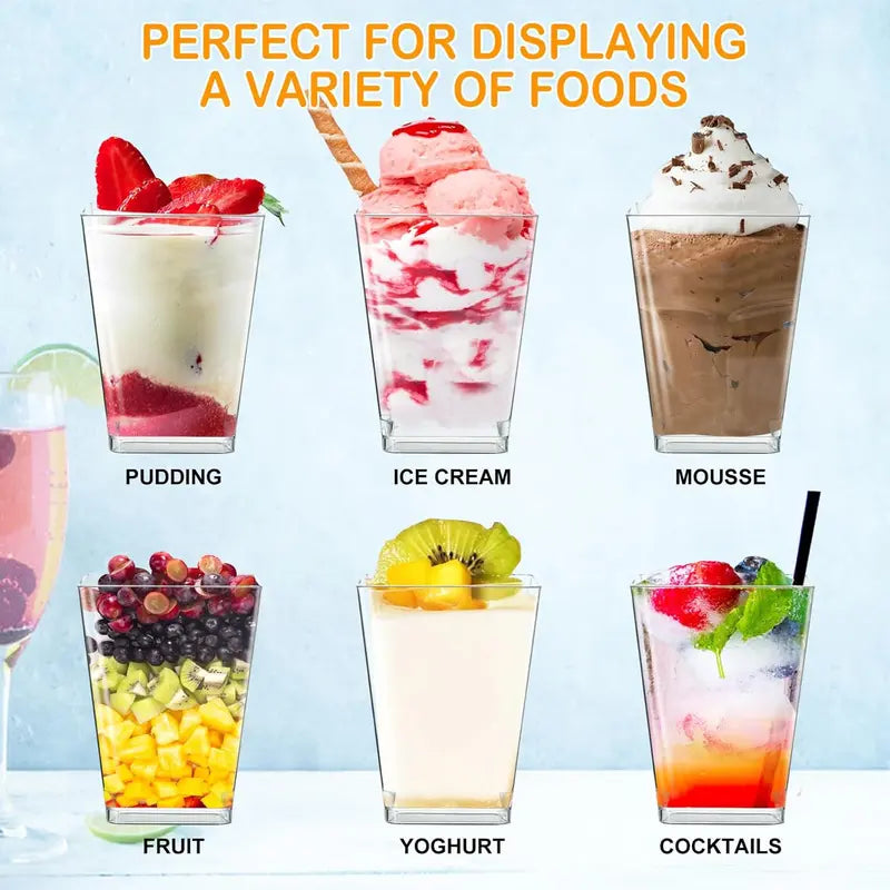 5oz Crystal Plastic Dessert Cups with Lids & Spoons - Disposable Square Parfait Cups for Mousse, Tiramisu, Pudding, Party