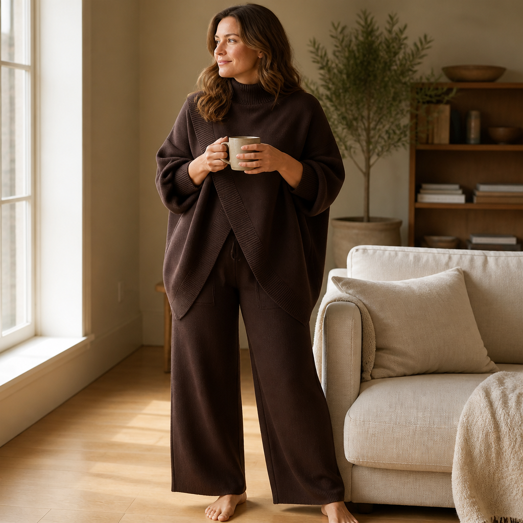 CelestiaKnit™ – Oversized Asymmetric Knit Set with Wide-Leg Pants