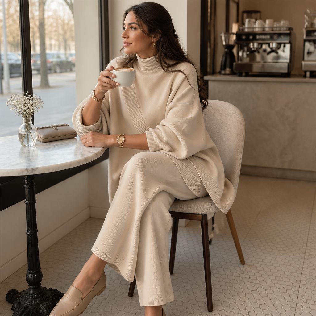 CelestiaKnit™ – Oversized Asymmetric Knit Set with Wide-Leg Pants