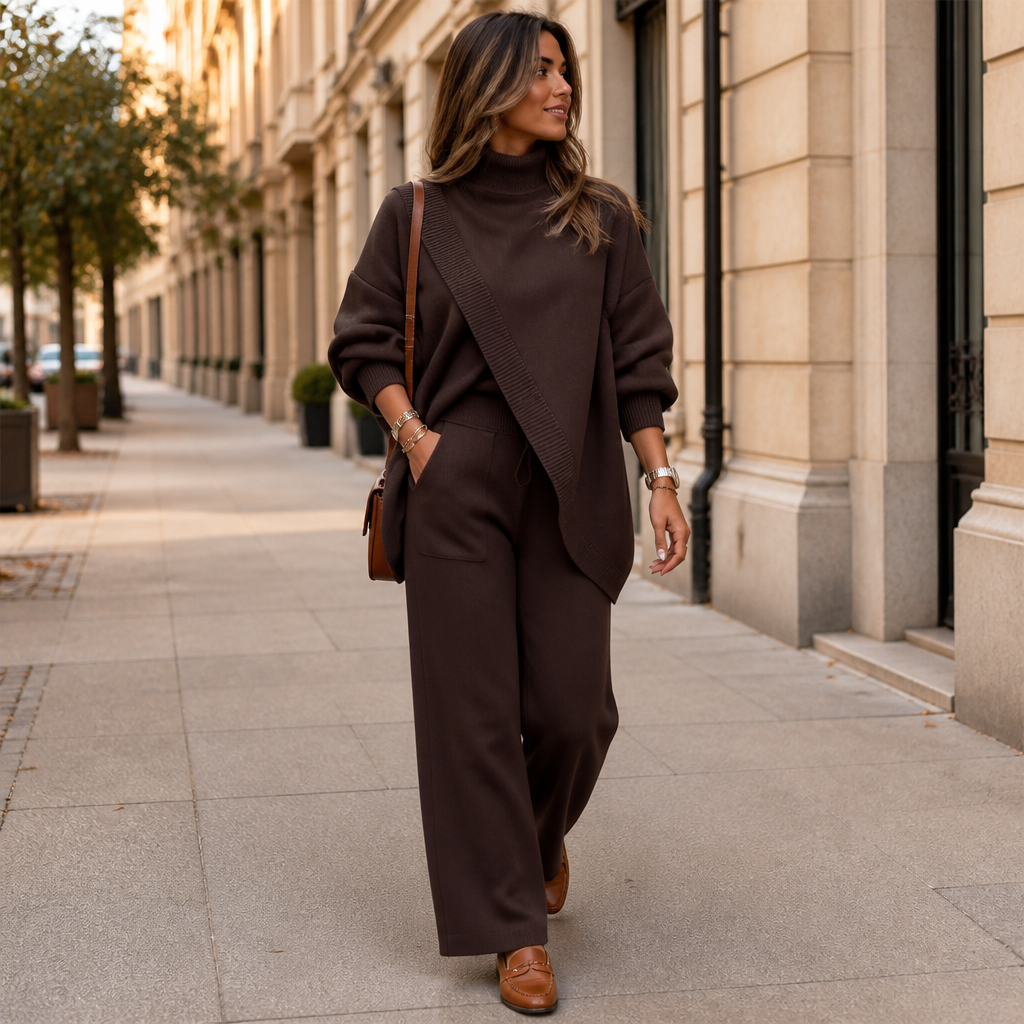 CelestiaKnit™ – Oversized Asymmetric Knit Set with Wide-Leg Pants