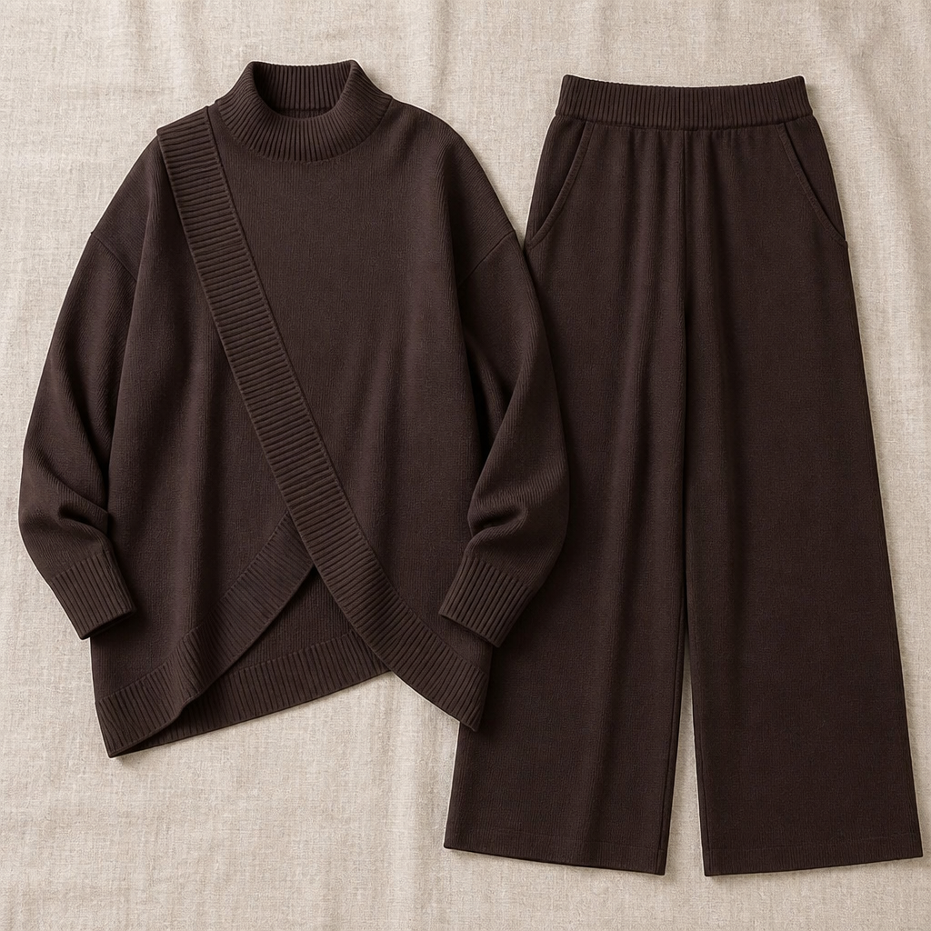 CelestiaKnit™ – Oversized Asymmetric Knit Set with Wide-Leg Pants