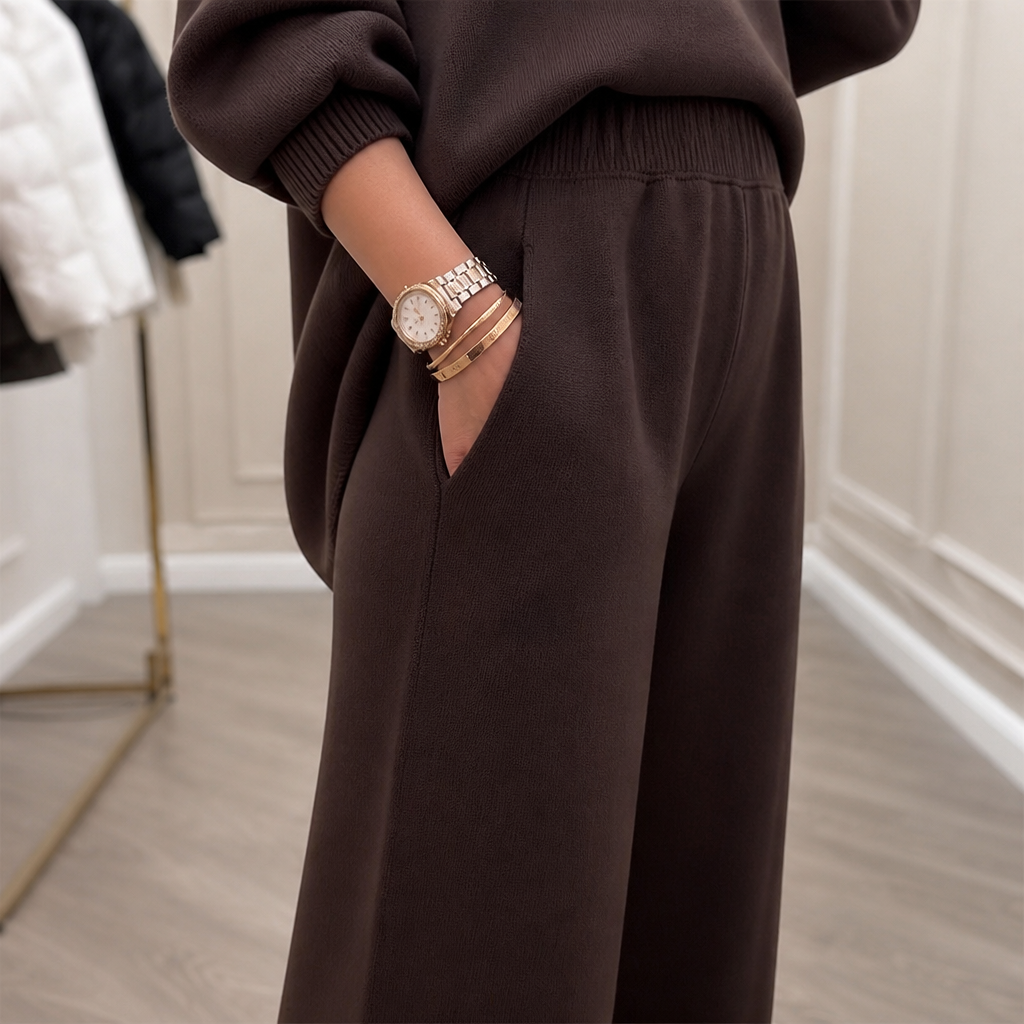 CelestiaKnit™ – Oversized Asymmetric Knit Set with Wide-Leg Pants