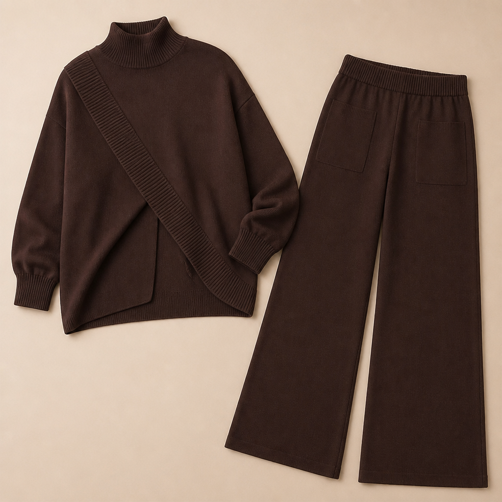 CelestiaKnit™ – Oversized Asymmetric Knit Set with Wide-Leg Pants