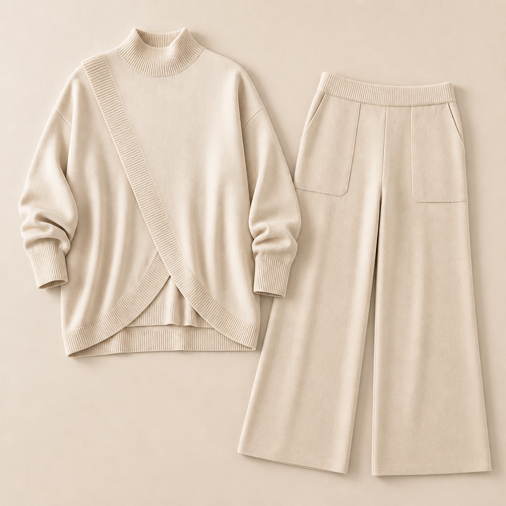 CelestiaKnit™ – Oversized Asymmetric Knit Set with Wide-Leg Pants