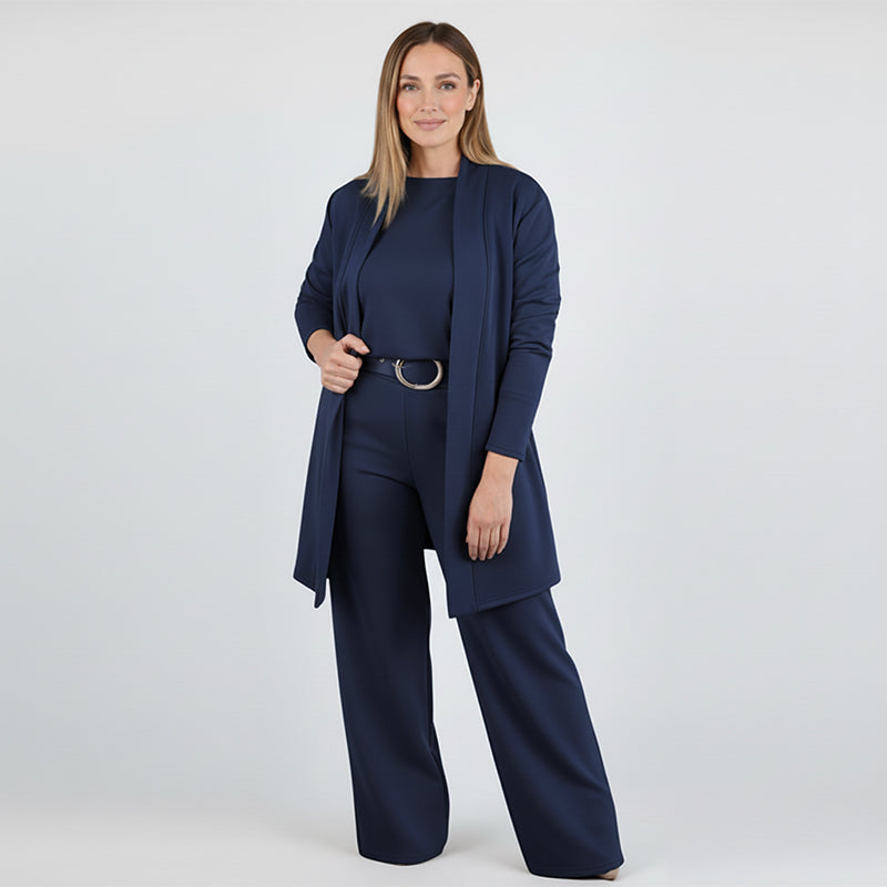 GlideFlex™ – Elegant Three-Piece Knit Set with Longline Cardigan