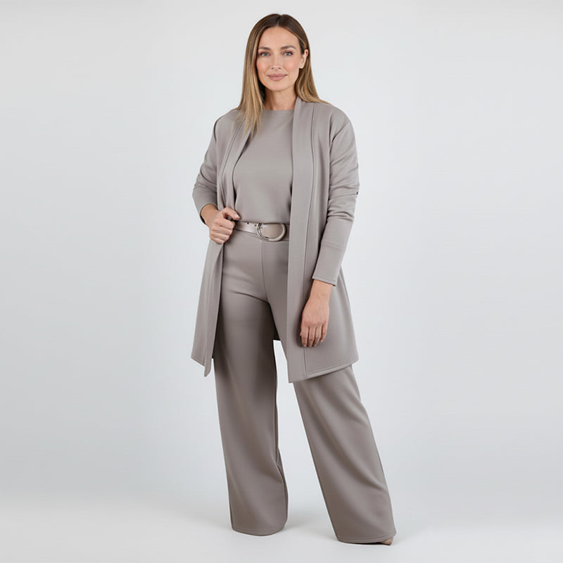 GlideFlex™ – Elegant Three-Piece Knit Set with Longline Cardigan