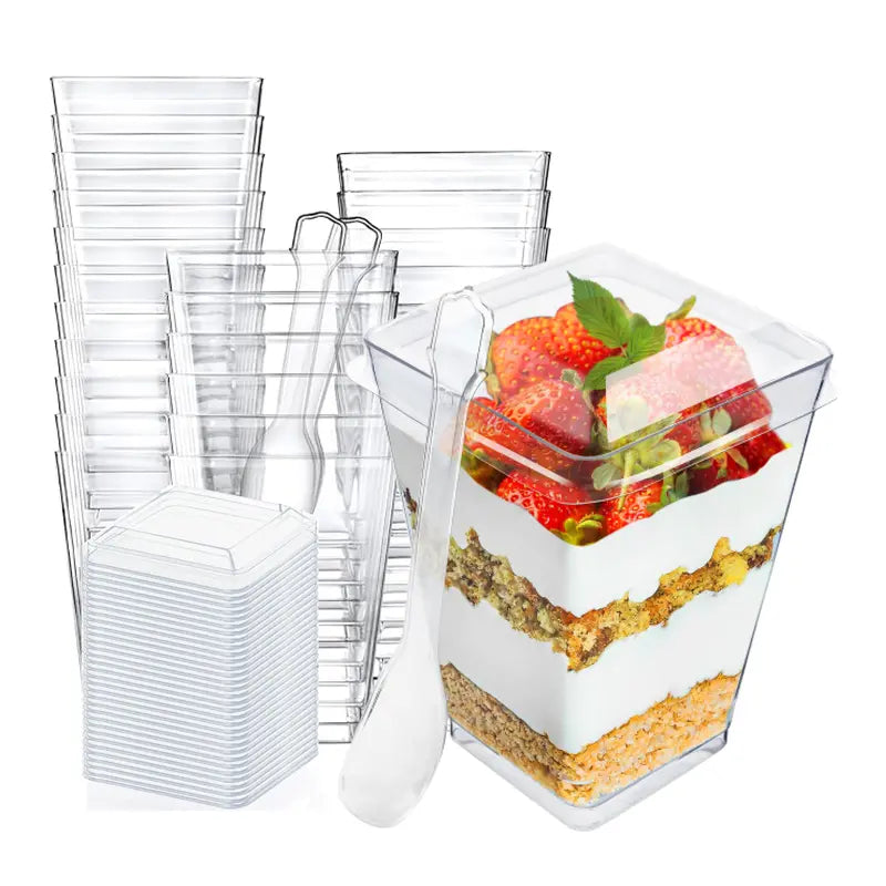 5oz Crystal Plastic Dessert Cups with Lids & Spoons - Disposable Square Parfait Cups for Mousse, Tiramisu, Pudding, Party