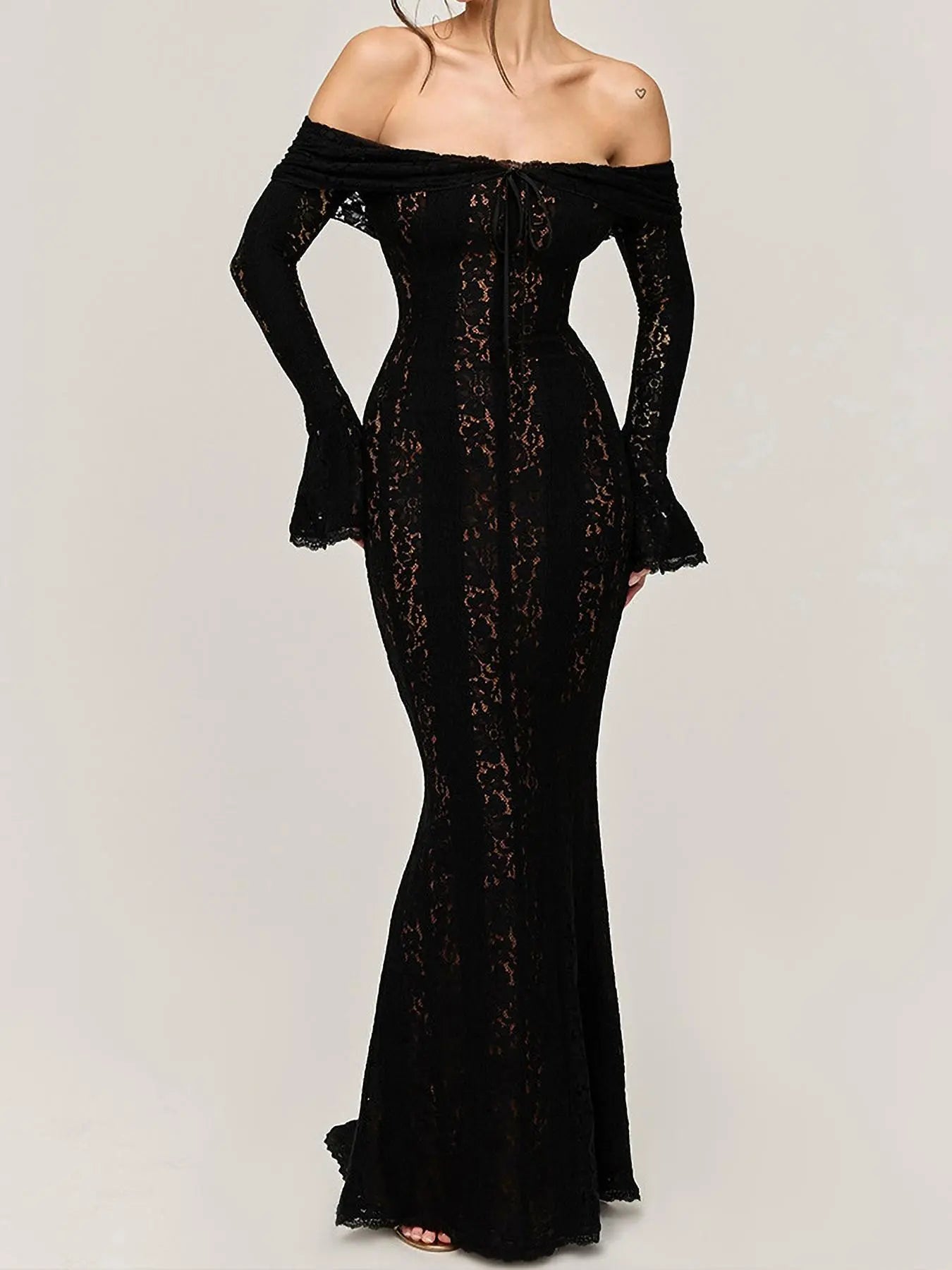 Women's Plain Contrast Lace Off Shoulder Dress, Elegant Formal Style Chic Long Sleeve Dress for Party Holiday Wedding Guest Formal Wear