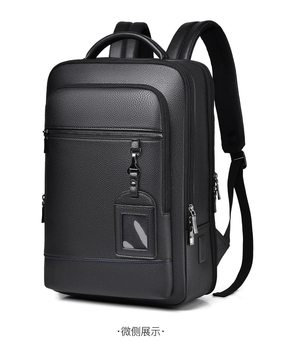 Black Leather Backpack with USB Charging Port for 15.6-Inch Laptop