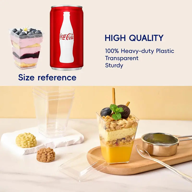 5oz Crystal Plastic Dessert Cups with Lids & Spoons - Disposable Square Parfait Cups for Mousse, Tiramisu, Pudding, Party