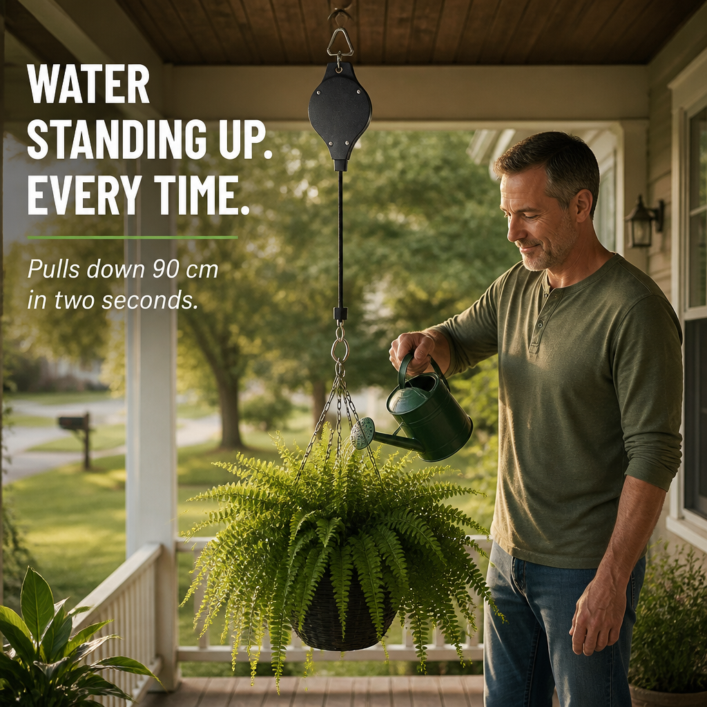 FlexiGroove™ — Lower Hanging Baskets to Chest Height for Watering Without a Ladder