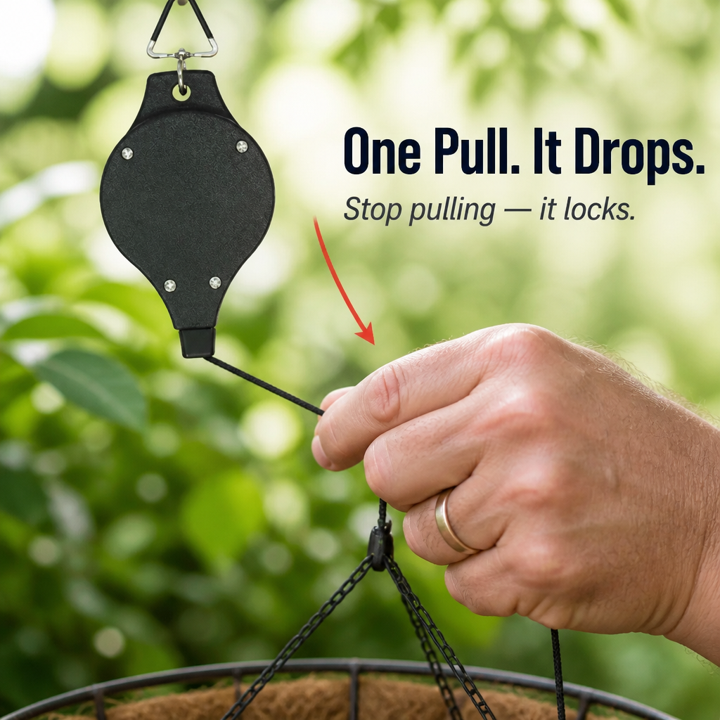 FlexiGroove™ — Lower Hanging Baskets to Chest Height for Watering Without a Ladder