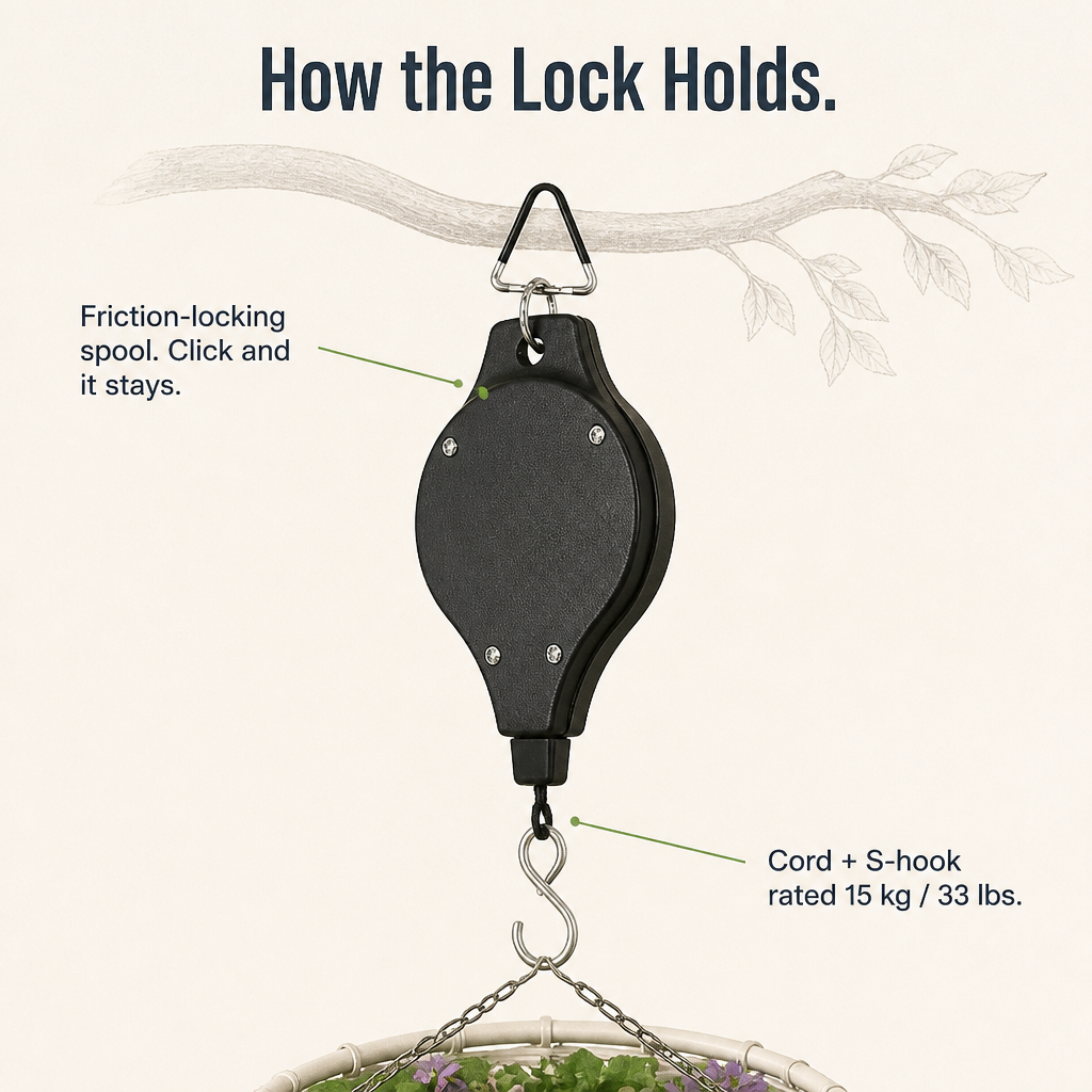 FlexiGroove™ — Lower Hanging Baskets to Chest Height for Watering Without a Ladder