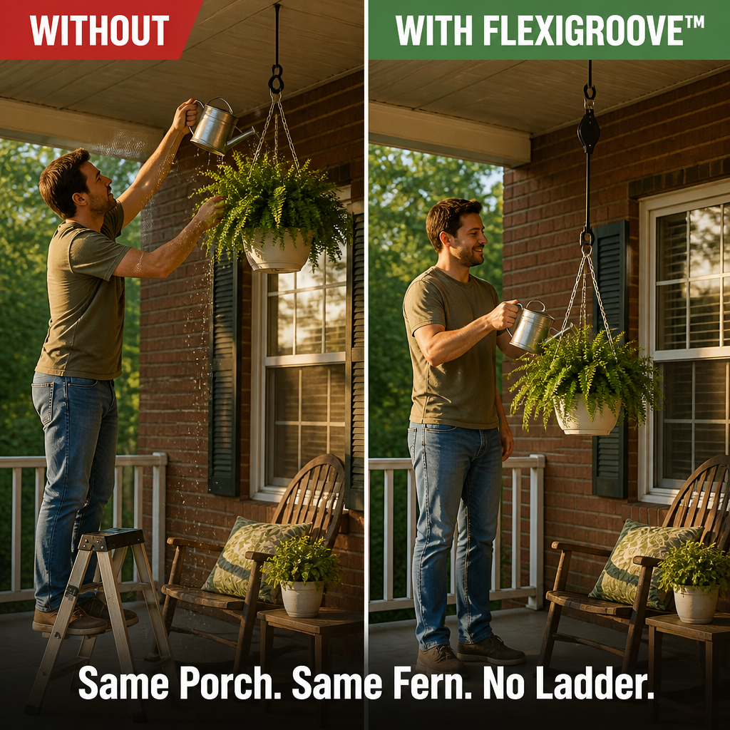FlexiGroove™ — Lower Hanging Baskets to Chest Height for Watering Without a Ladder
