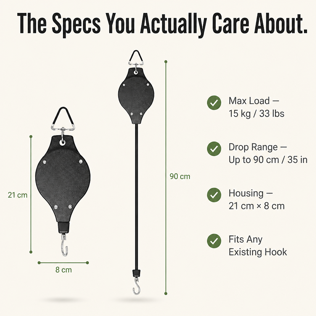FlexiGroove™ — Lower Hanging Baskets to Chest Height for Watering Without a Ladder