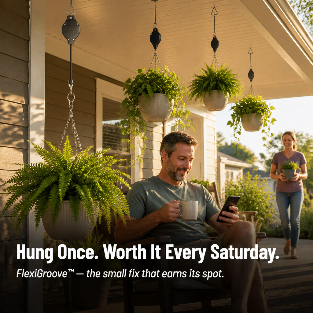 FlexiGroove™ — Lower Hanging Baskets to Chest Height for Watering Without a Ladder