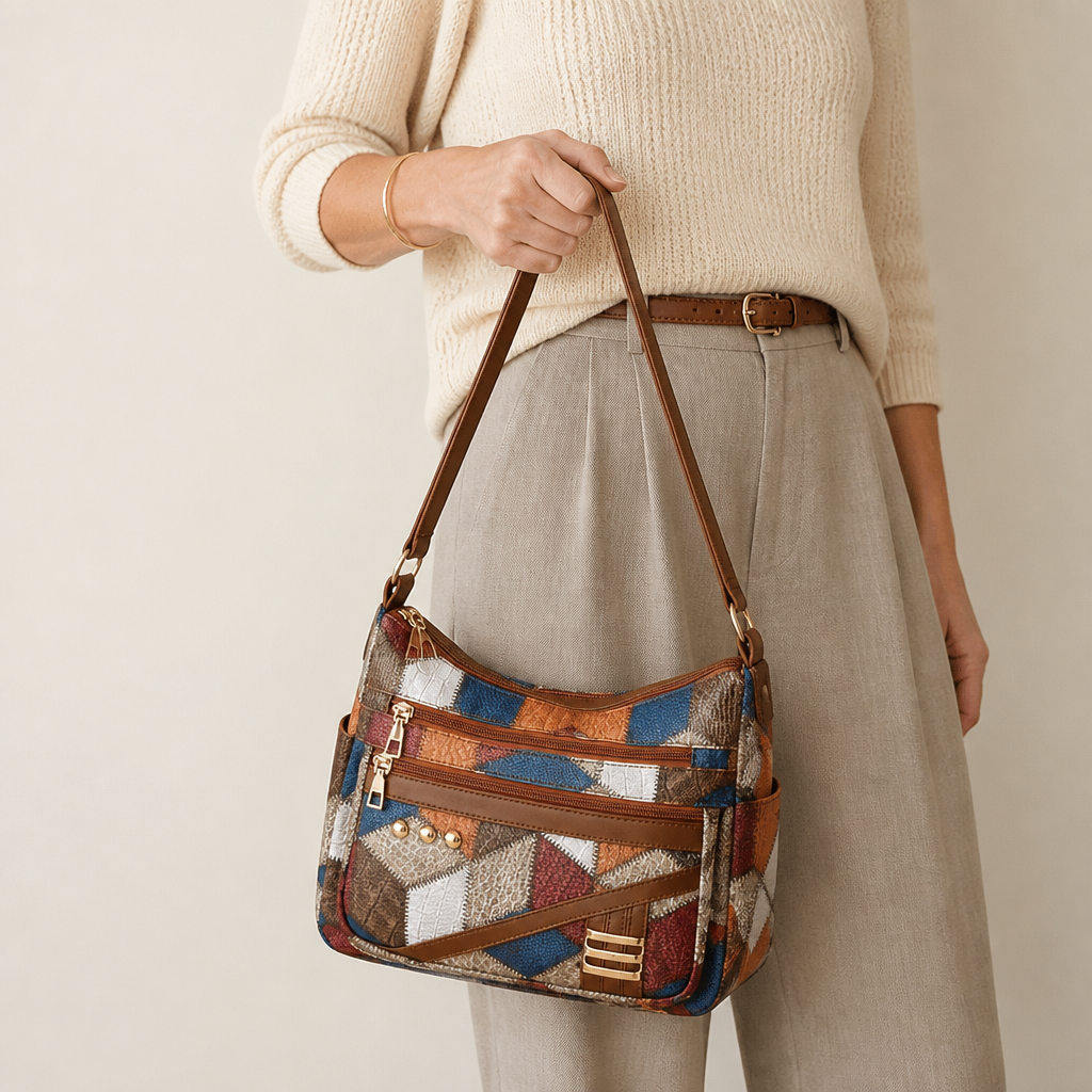 Mosaica™ – Vintage Geometric Patchwork Shoulder Bag with Adjustable Strap