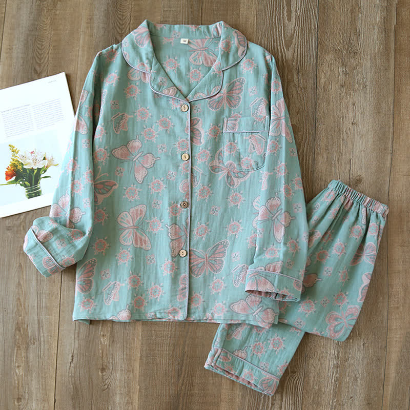 Ownkoti Vintage Butterfly Print Cotton Loungewear Set - Blue - XL - image 9