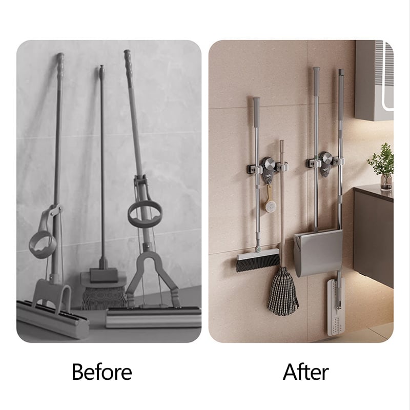 No-Drill Broom & Mop Holder – Easy Push-To-Lock Suction Organizer