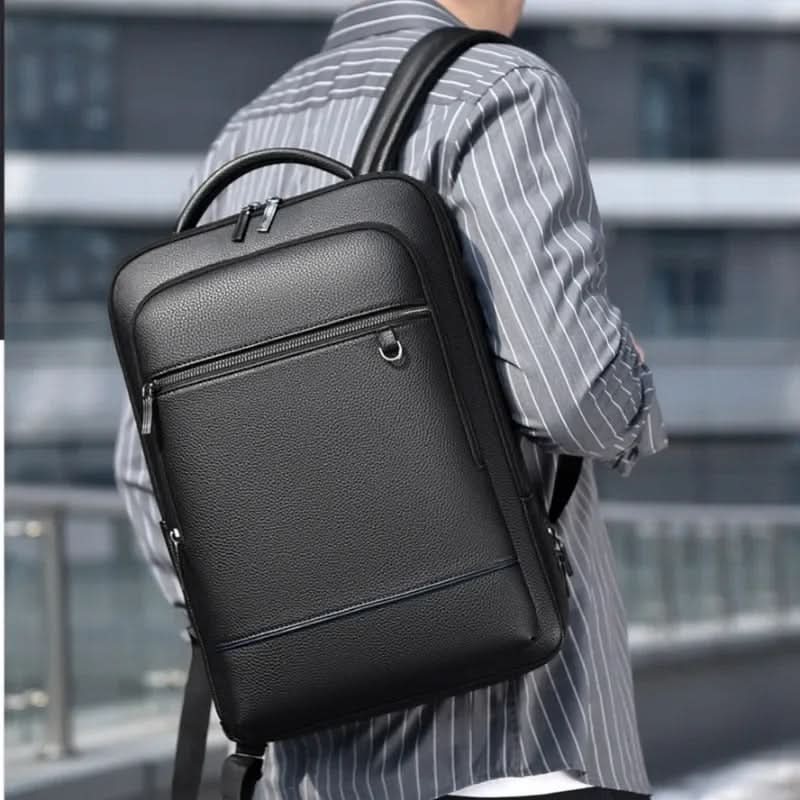 Black Leather Backpack with USB Charging Port for 15.6-Inch Laptop