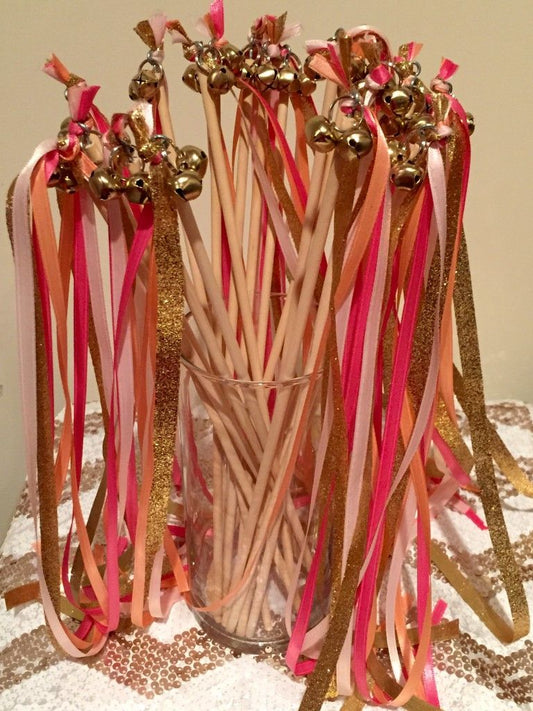 Sparkling Rose Gold Ribbon Wands with Bells for Wedding and Party Send Off