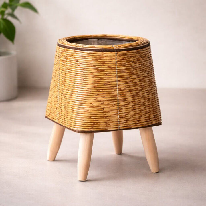 Flower Planter with Wooden Stand | Woven Basket Texture | Suitable for Indoor and Outdoor | Plantara