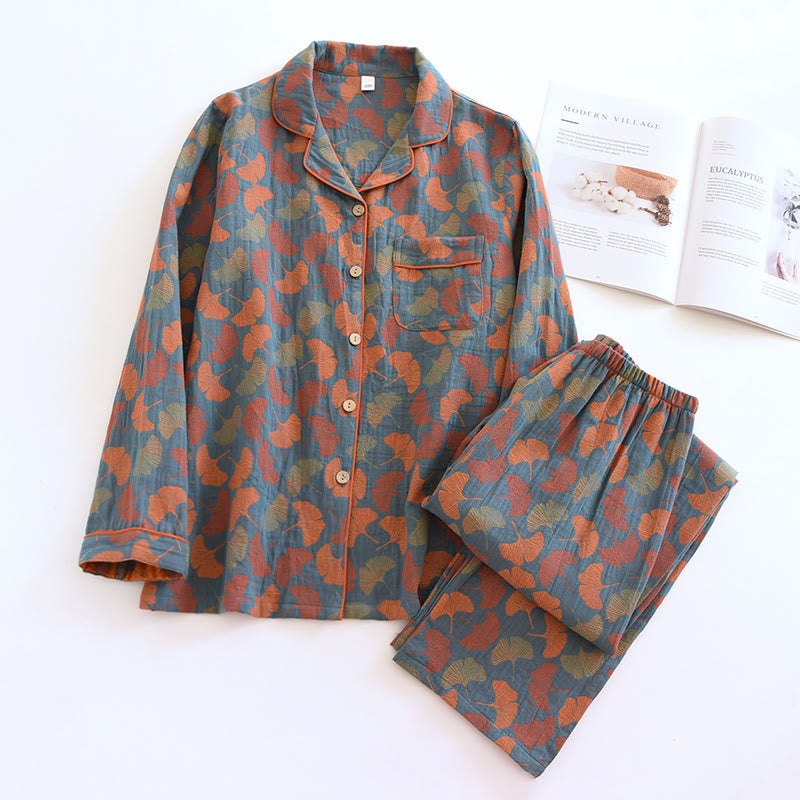 Ownkoti Ginkgo Leaf Button Cotton Loungewear Set - Blue - Women - XL - image 0