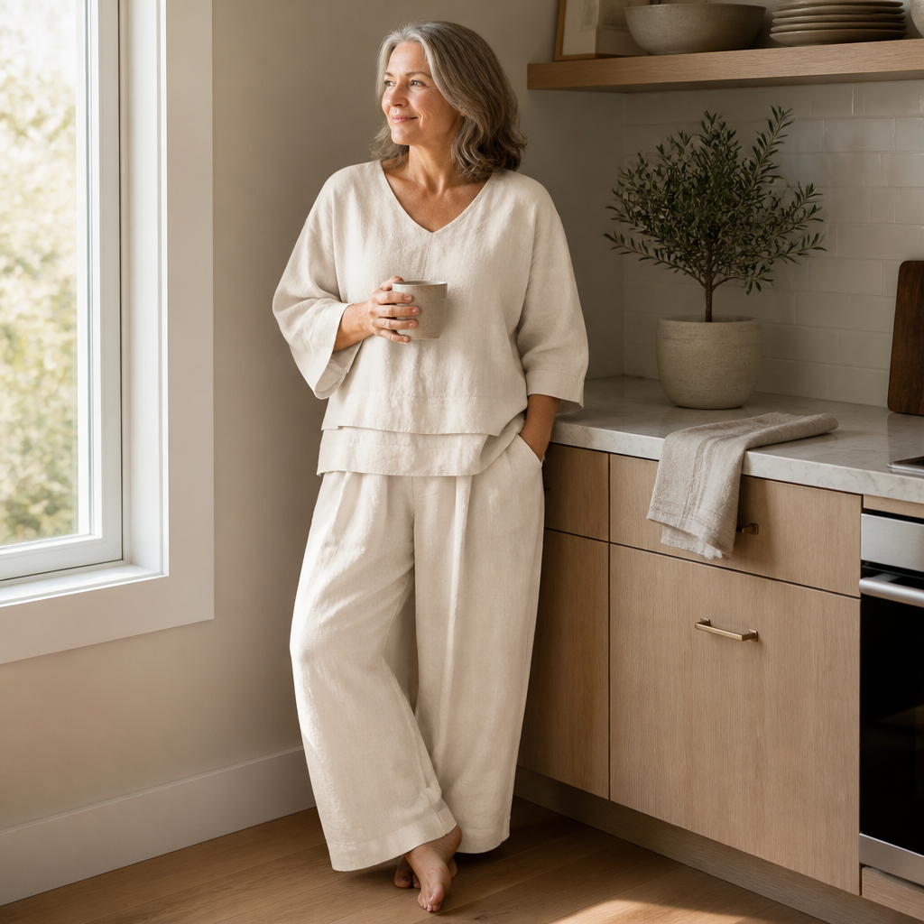 LioraLuxe™ – Relaxed Layered V-Neck Top & Wide-Leg Pant Set