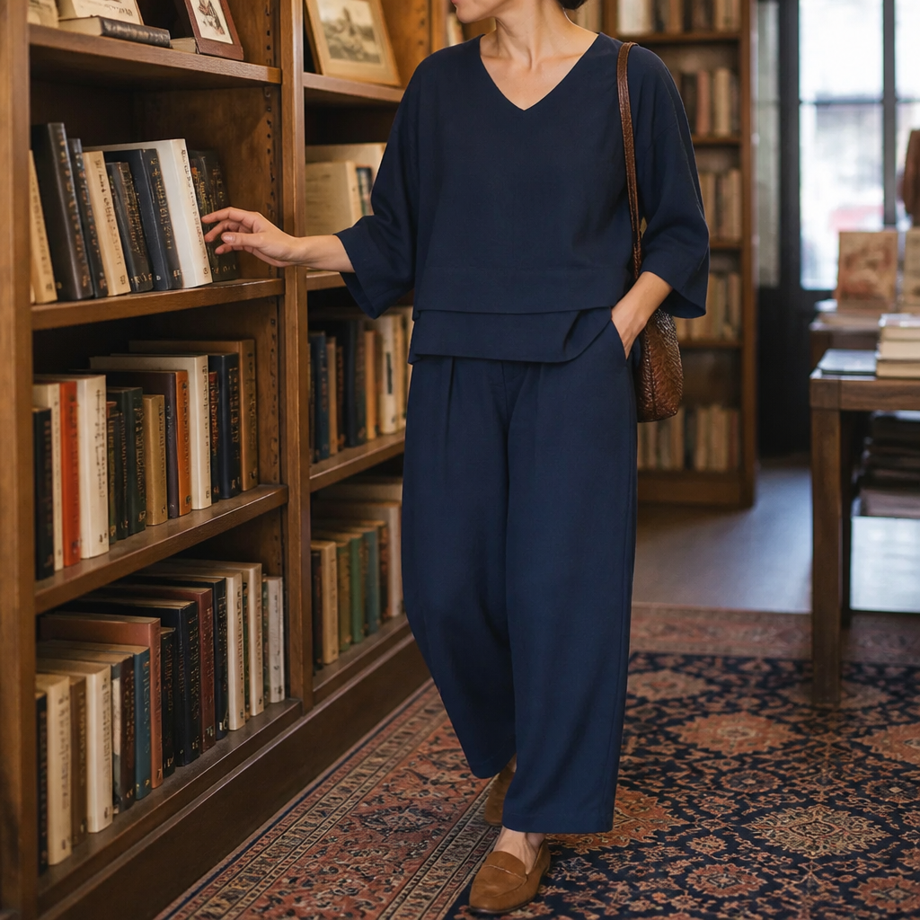 LioraLuxe™ – Relaxed Layered V-Neck Top & Wide-Leg Pant Set