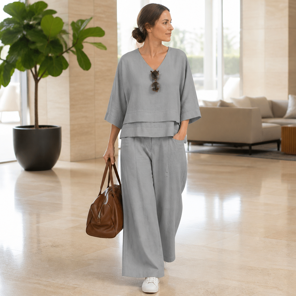 LioraLuxe™ – Relaxed Layered V-Neck Top & Wide-Leg Pant Set