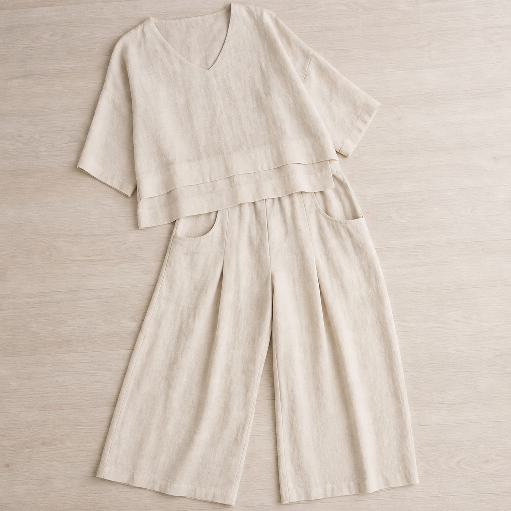 LioraLuxe™ – Relaxed Layered V-Neck Top & Wide-Leg Pant Set