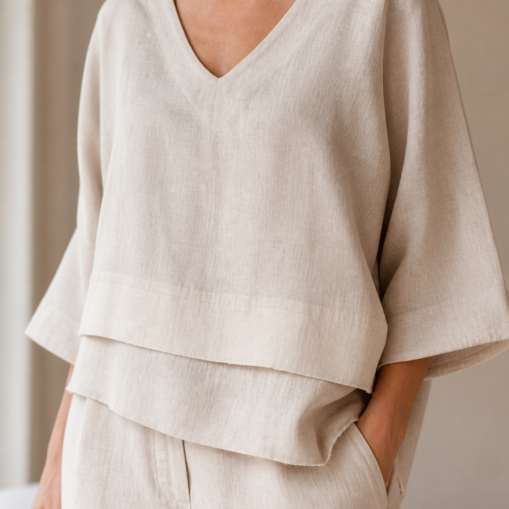 LioraLuxe™ – Relaxed Layered V-Neck Top & Wide-Leg Pant Set