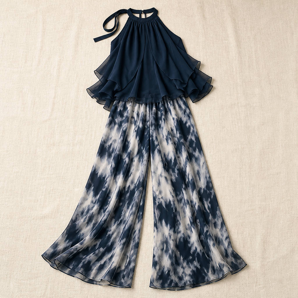 LuxuraFit™ – Flowing Chiffon Halter Top & Wide-Leg Marbled Pants Set