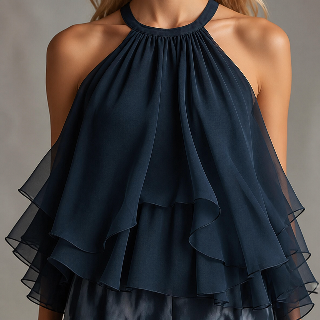 LuxuraFit™ – Flowing Chiffon Halter Top & Wide-Leg Marbled Pants Set