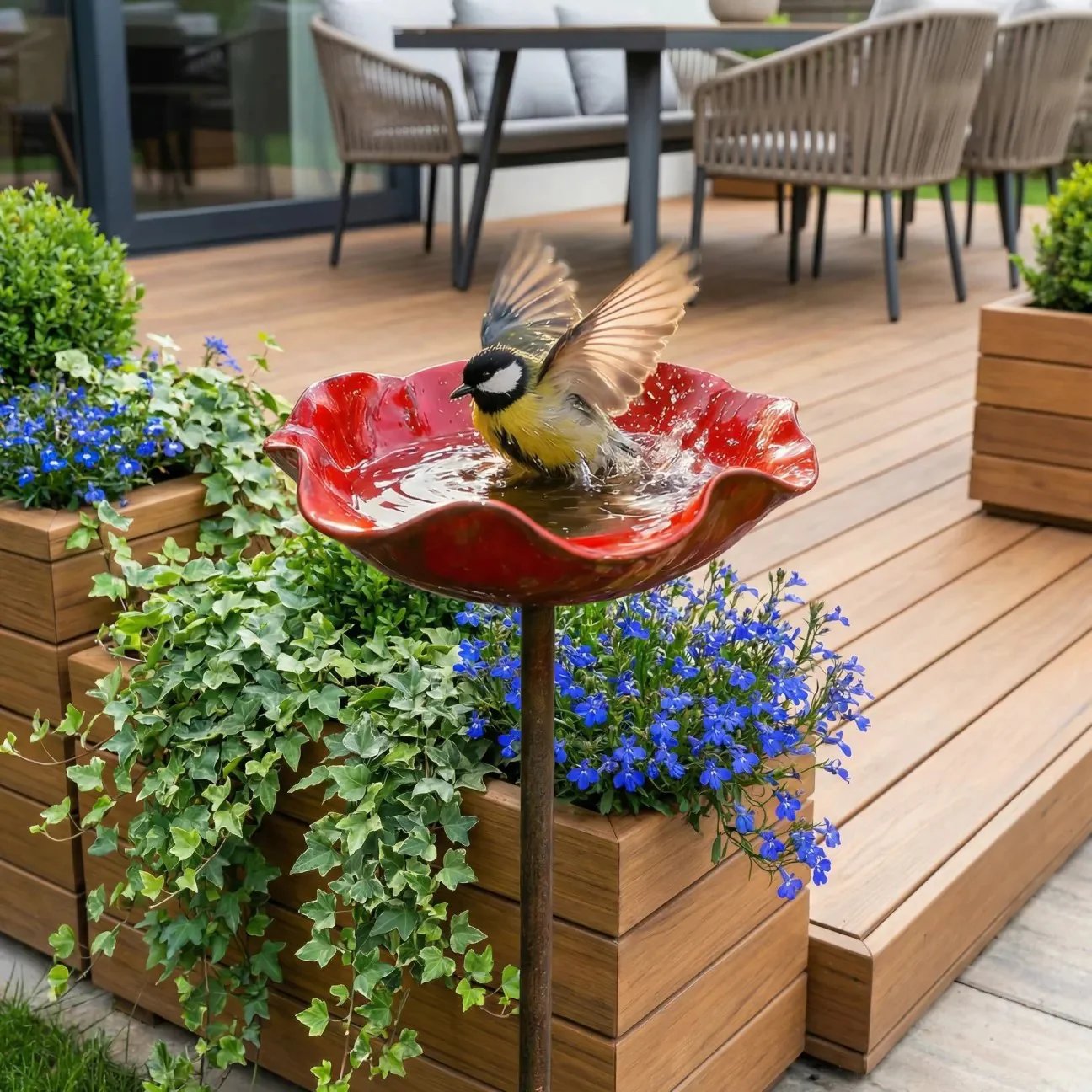 Briarcroft – Handcrafted Metal Poppy Garden Stake with Bird Bath Bowl + 50% OFF