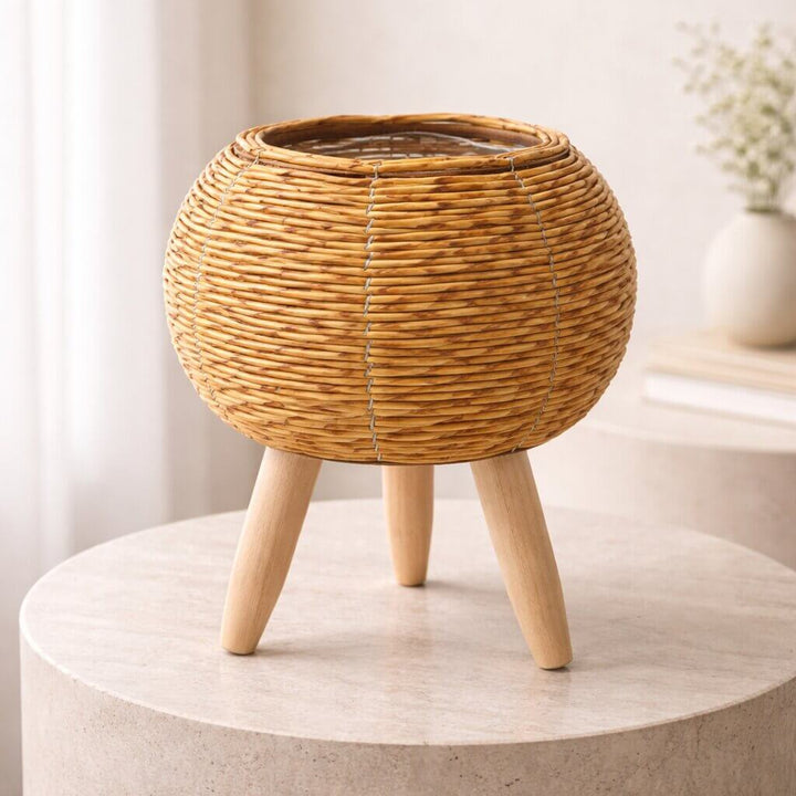 Flower Planter with Wooden Stand | Woven Basket Texture | Suitable for Indoor and Outdoor | Plantara