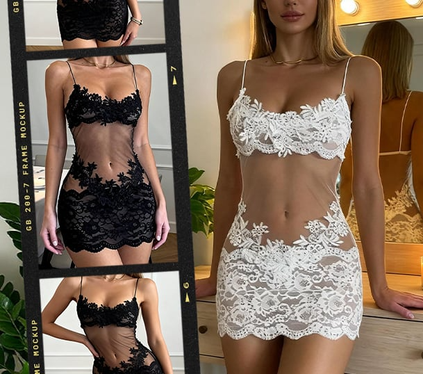 EmberaLuxe™ – Sheer Floral Lace Nightdress with Matching Thong