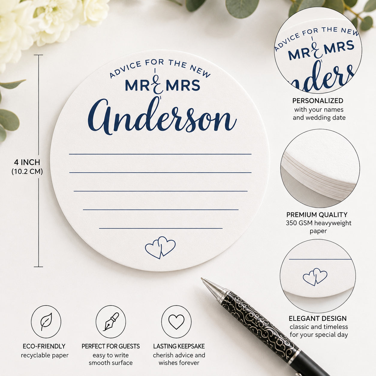 100 Personalized Wedding Advice Cards – 4" Round Guest Advice Cards for Bride & Groom Reception