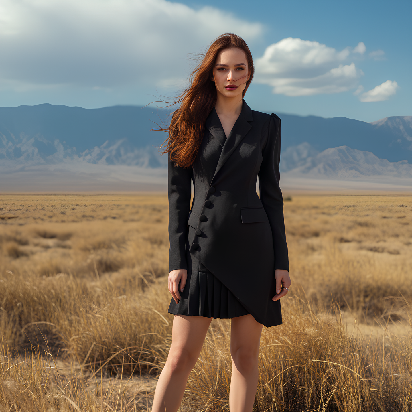 Blairina™ – Button Front Pleated Mini Blazer Dress