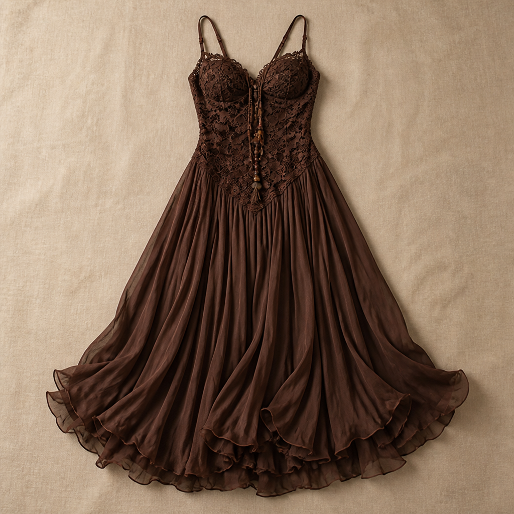 LunariaSilk™ – Romantic Lace Bodice Chiffon Maxi Dress with Ruffled Hem