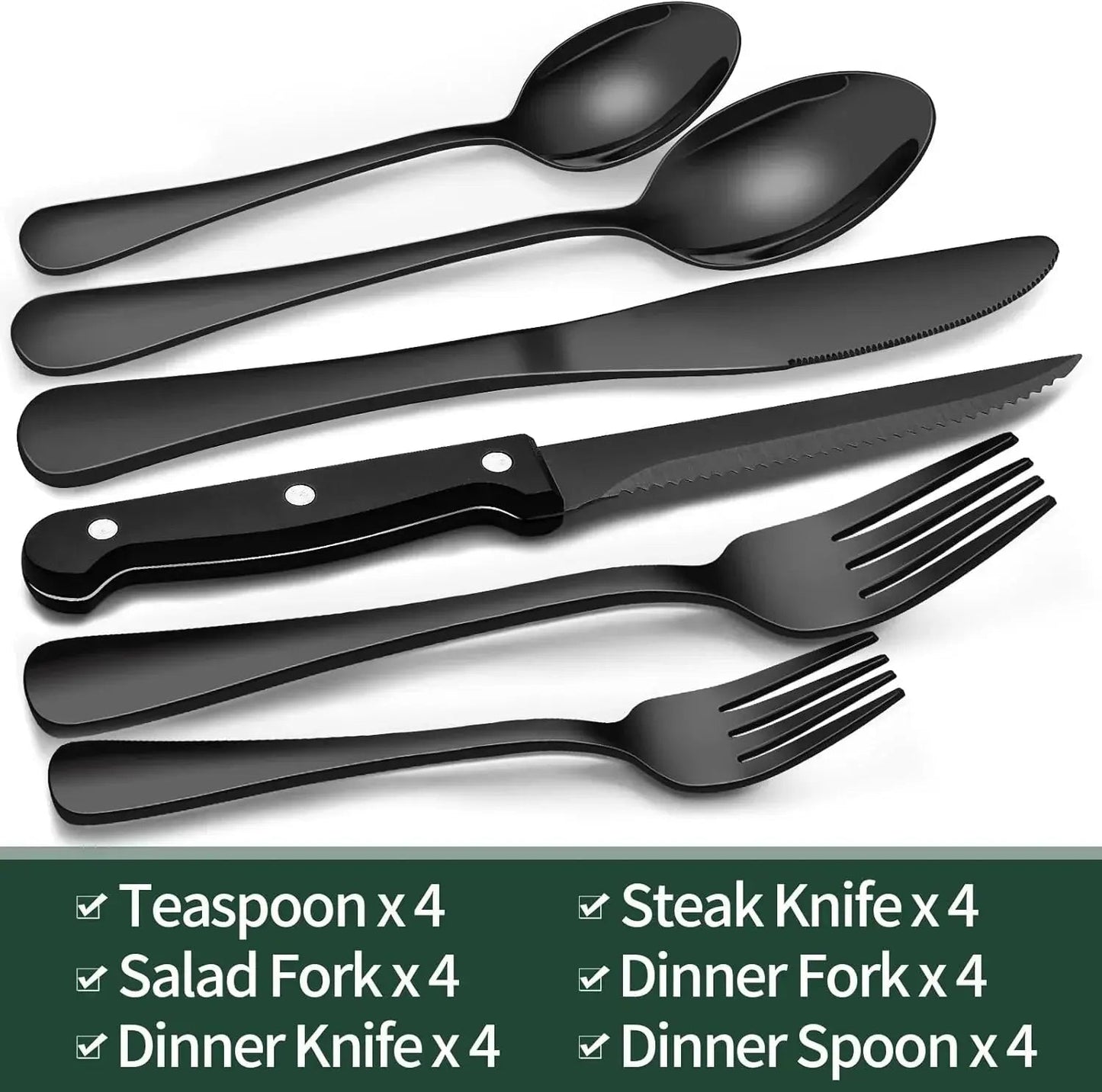 Cutlery Set | 24-Piece Matte Black Design | Includes Steak Knives | CutleryCraft