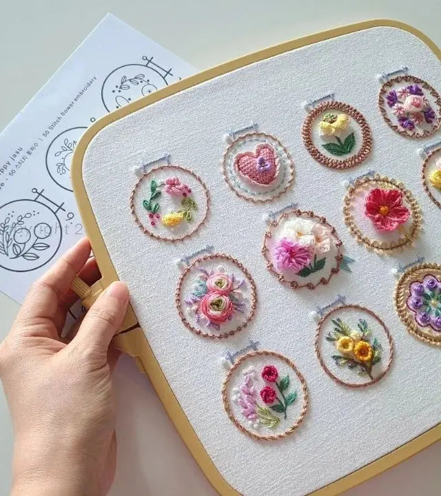 Embroidery Kit Featuring 12 Floral Designs | All-Inclusive Set | Ready for Use | NeedleNest